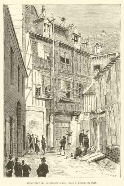 Eksperiment med vandbarometeret, lavet i Rouen i 1646 af French School